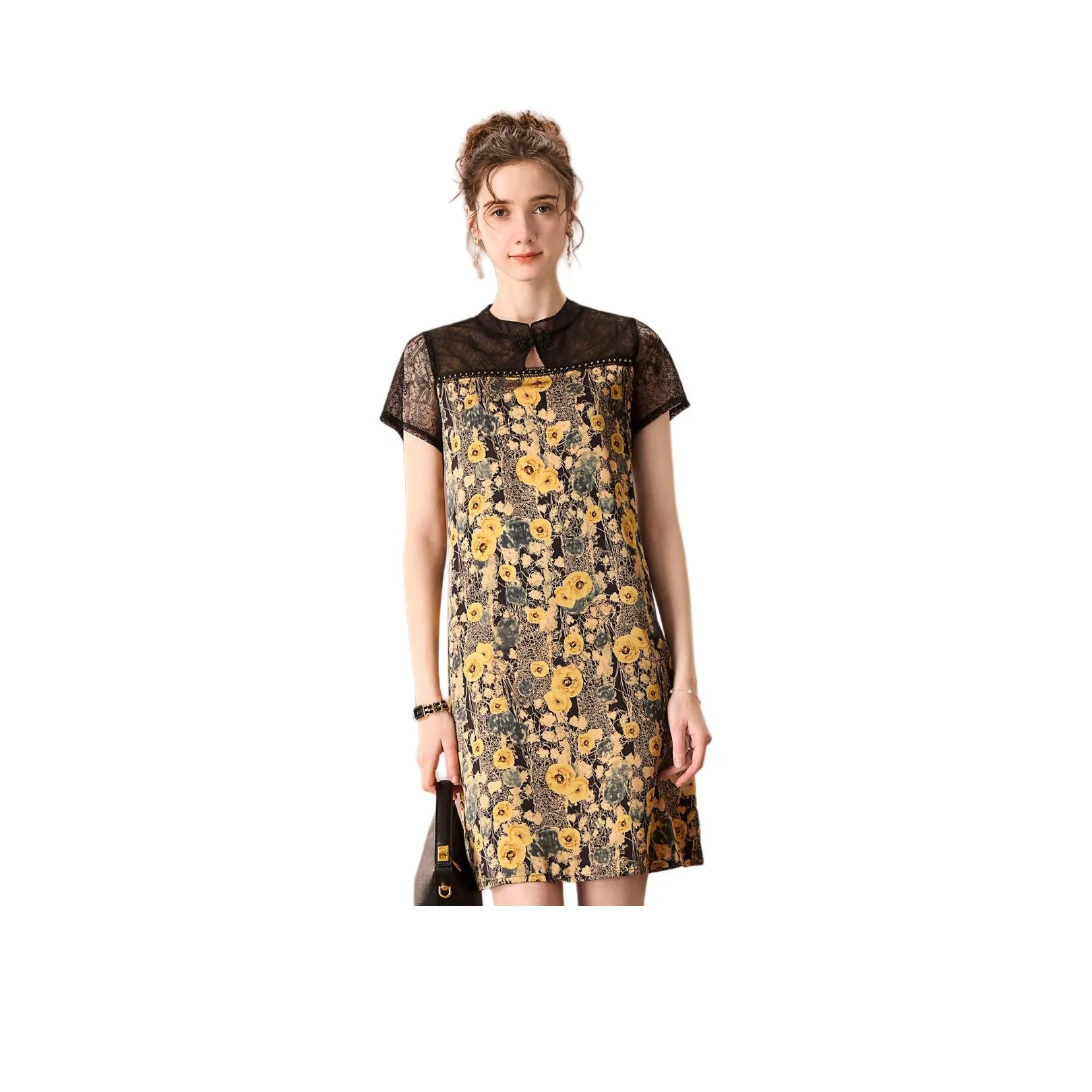 FENHONGMALI Short Sleeved Dress Women's Yellow