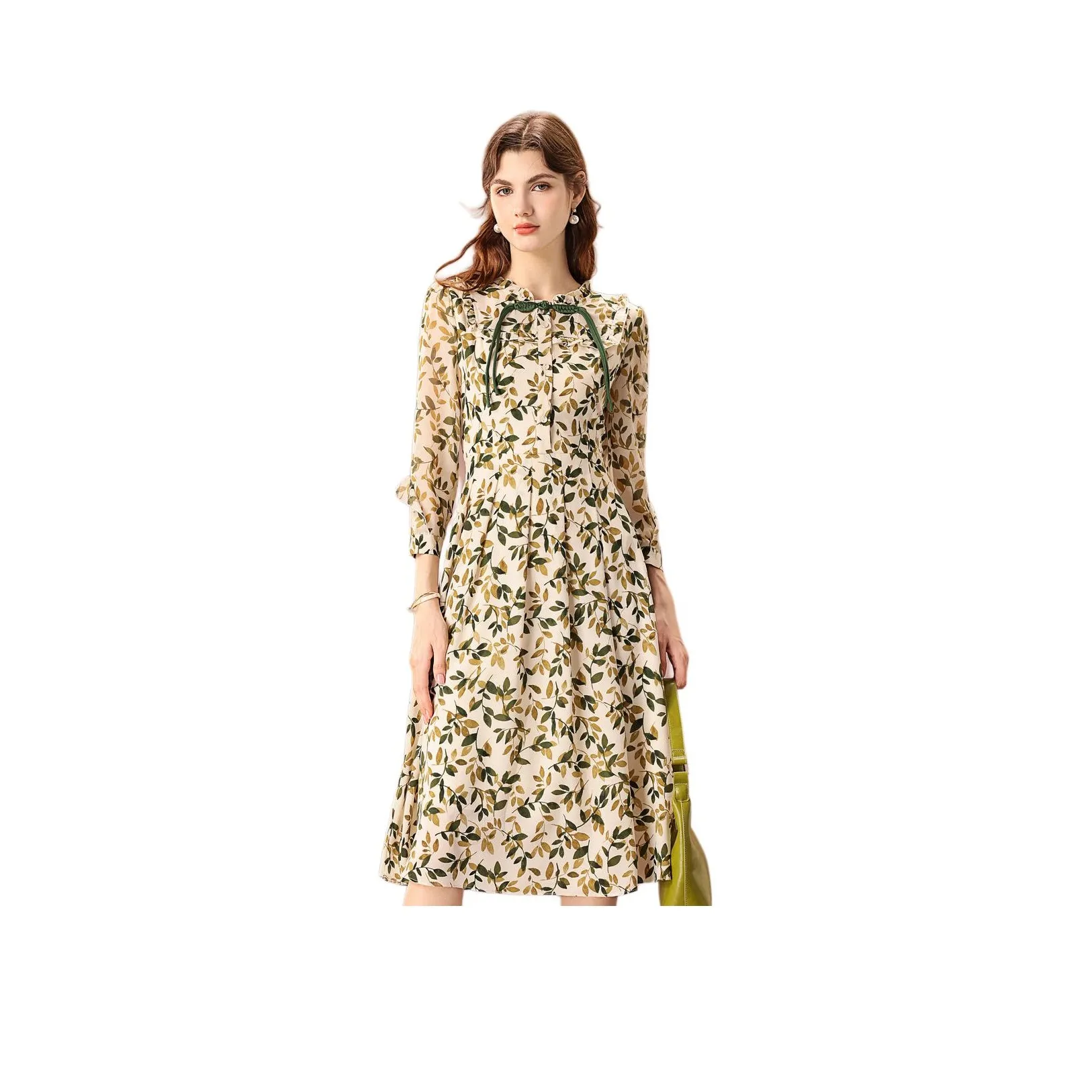 FENHONGMALI Длинное платье с длинными рукавами женское зеленый цветочный