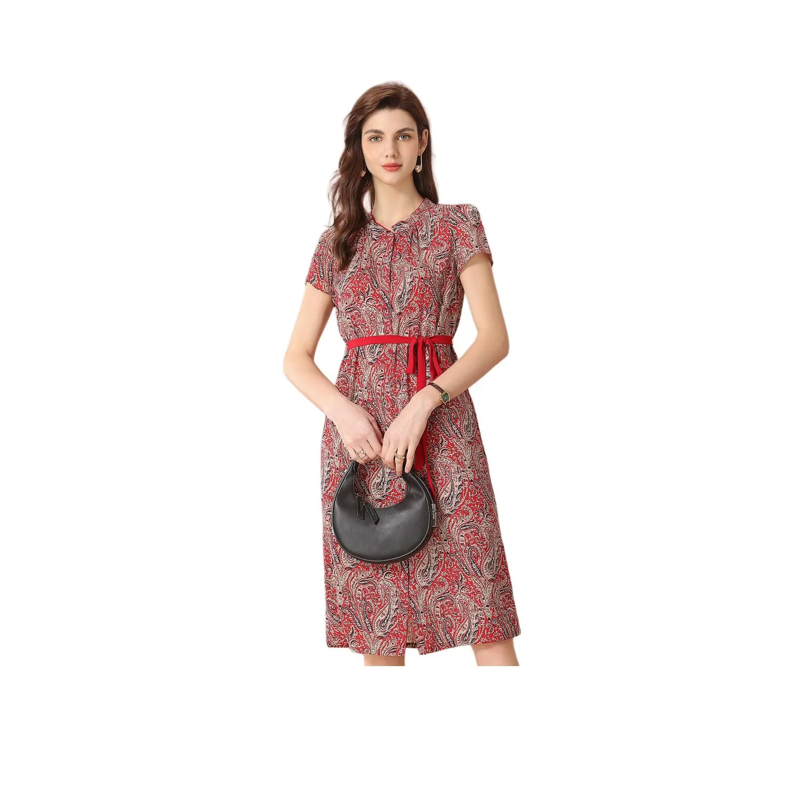 FENHONGMALI Short Sleeved Dress Women's Red