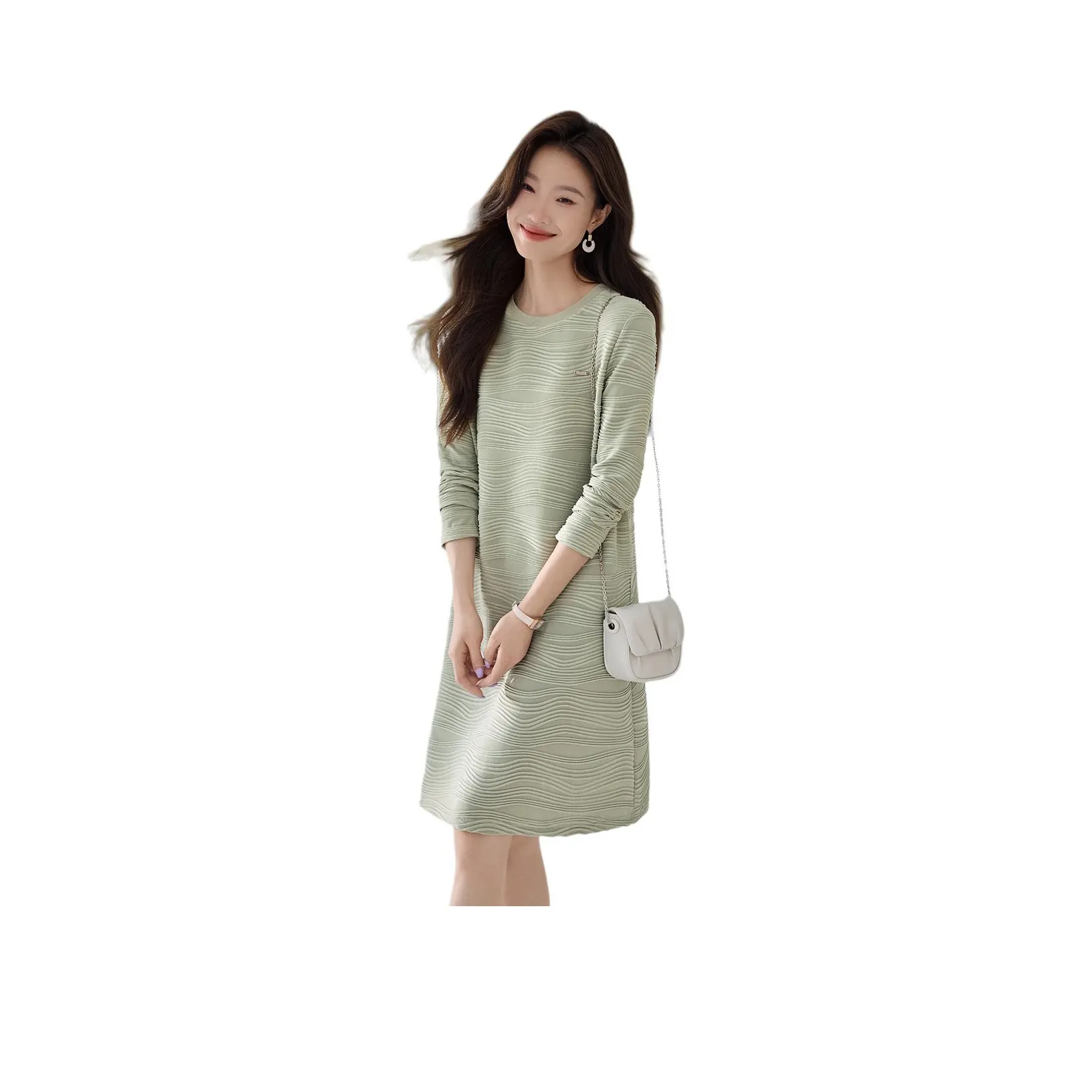 Mo Han Yi Mei Long Sleeved Dress Women's Gray Pea Green