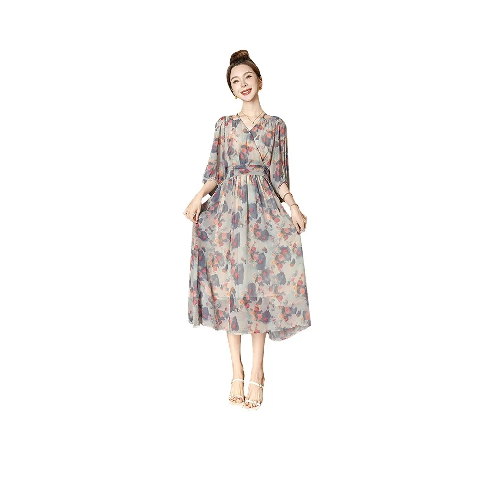 Cypress House Длинное платье с длинными рукавами женское розовый и с голубым цветком