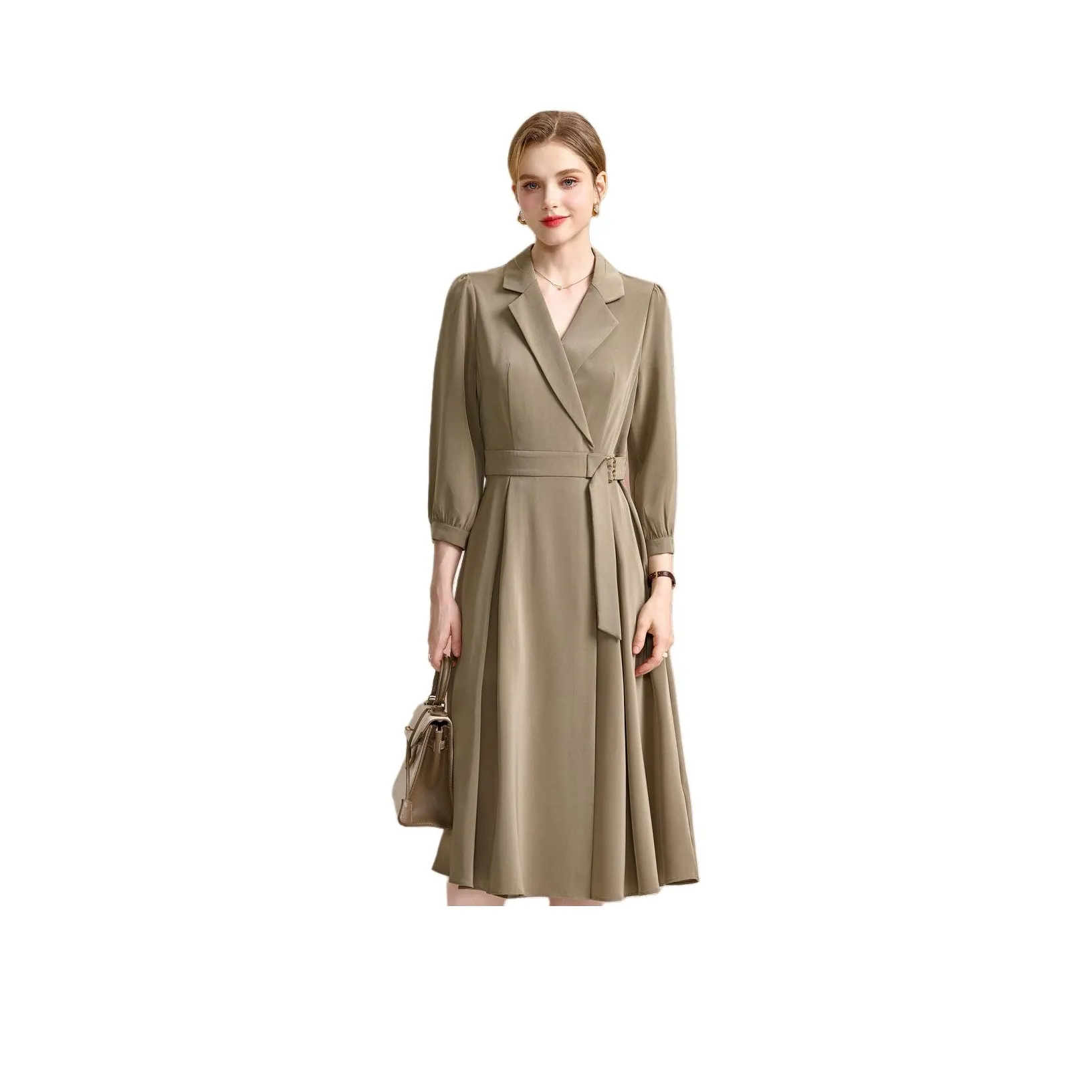 FENHONGMALI Длинное платье с длинными рукавами женское горохово-зеленый