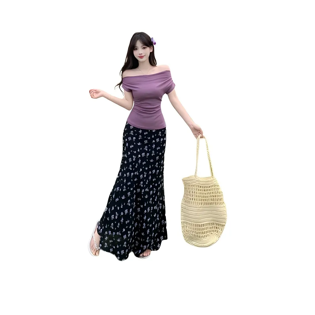 ETSE Одежда Наборы Фиолетовый Топ + Цветочная Юбка Женские Комплекты с Юбкой