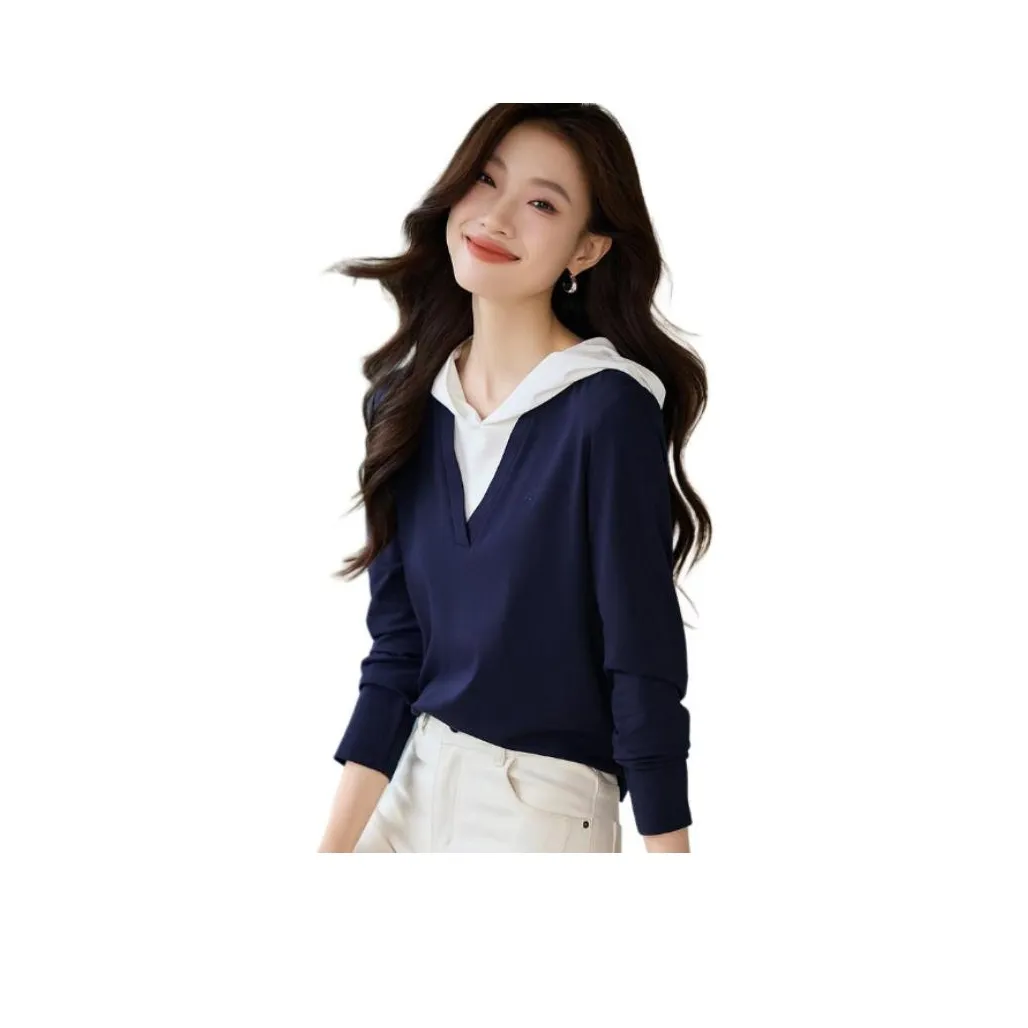 Mo Han Yi Mei Regular T Shirt Women's Navy Blue & White