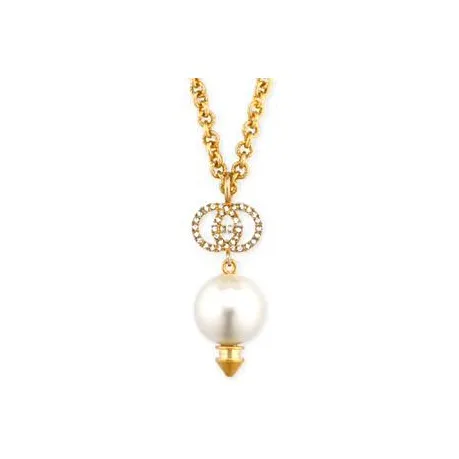 GUCCI 1990-2024 Plated Gg Faux Pearl Drop Pendant Costume Necklace