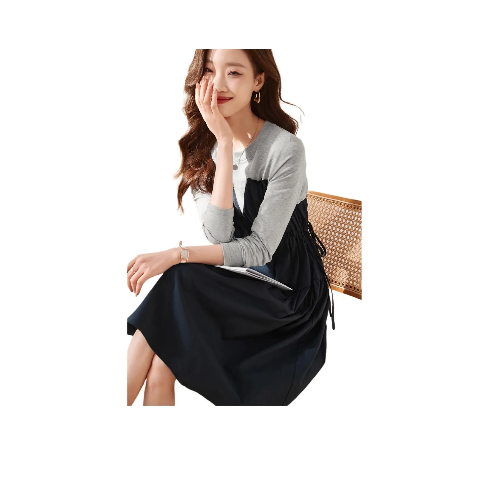 Mo Han Yi Mei Длинное платье с длинными рукавами женское темно-синий