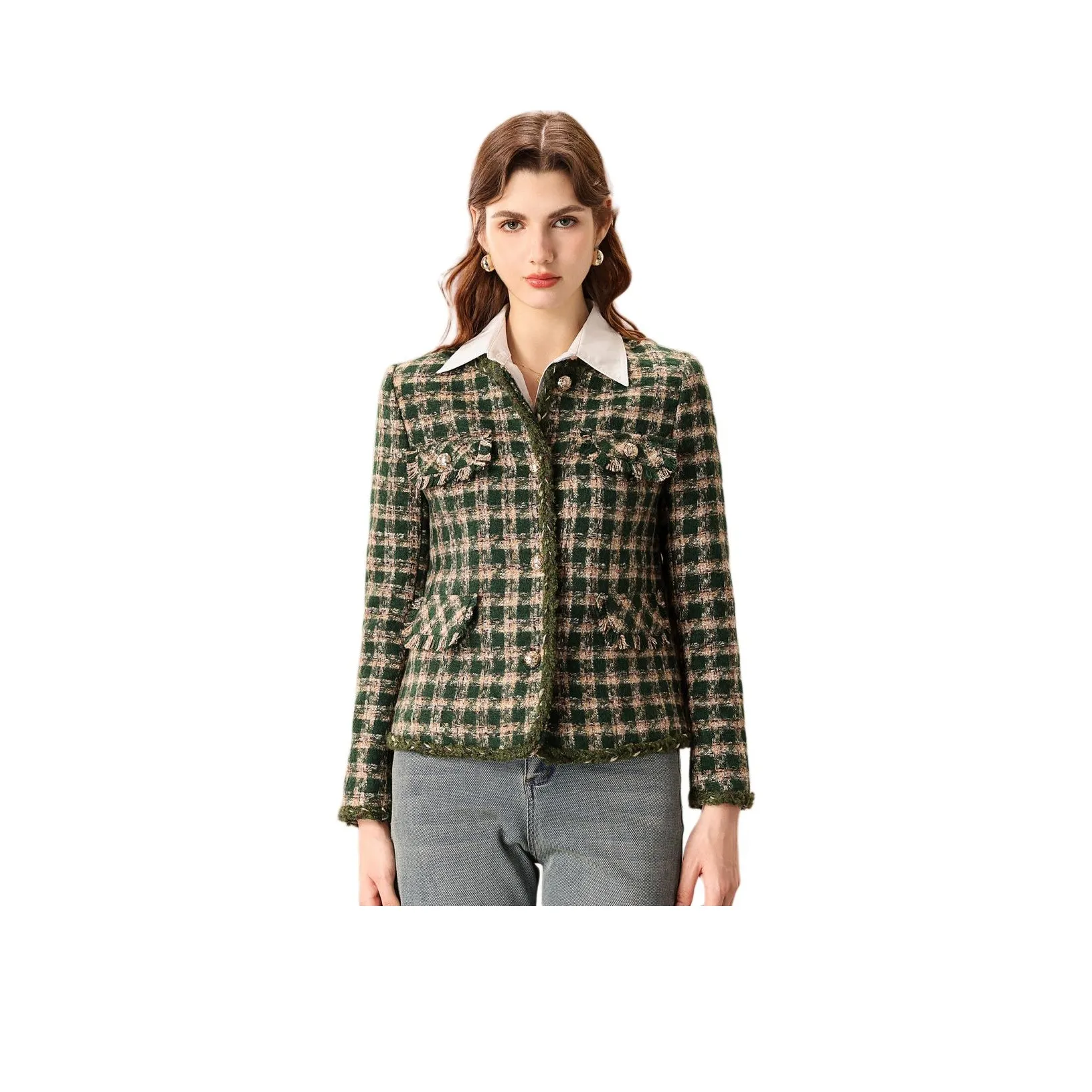 FENHONGMALI Куртки и пальто Женские Зеленая клетка