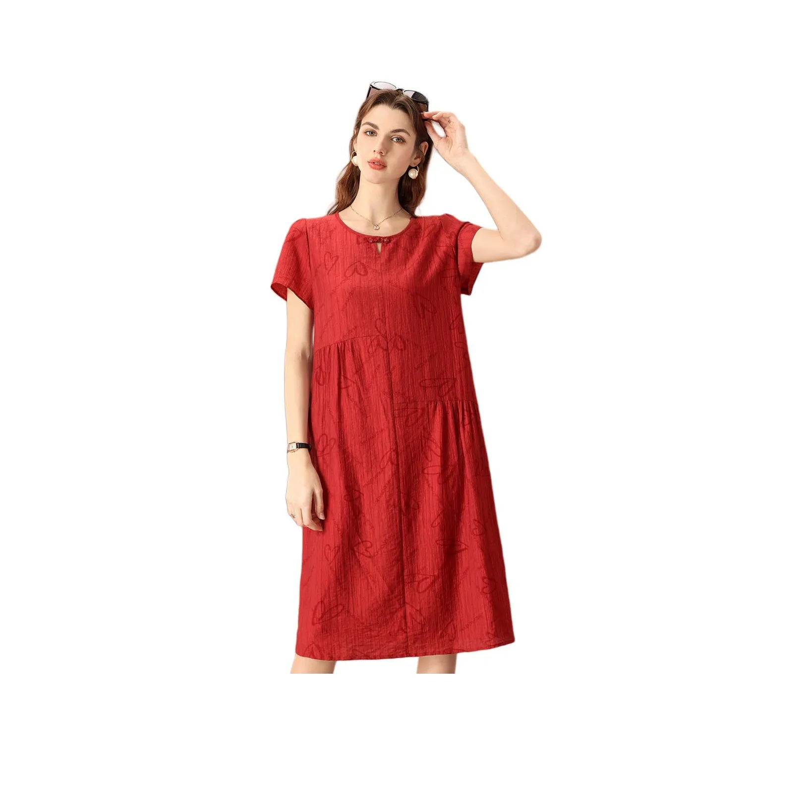 FENHONGMALI Короткий рукав Платье Женское Красное