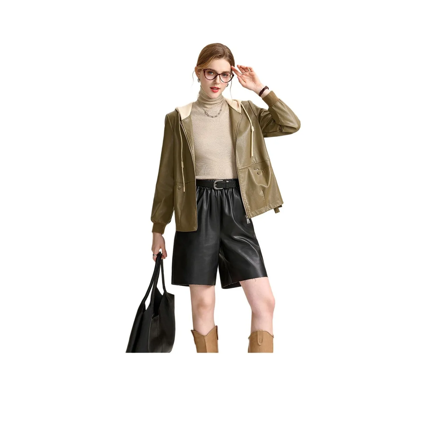 FENHONGMALI Leather Jacket Women's Ginger Yellow