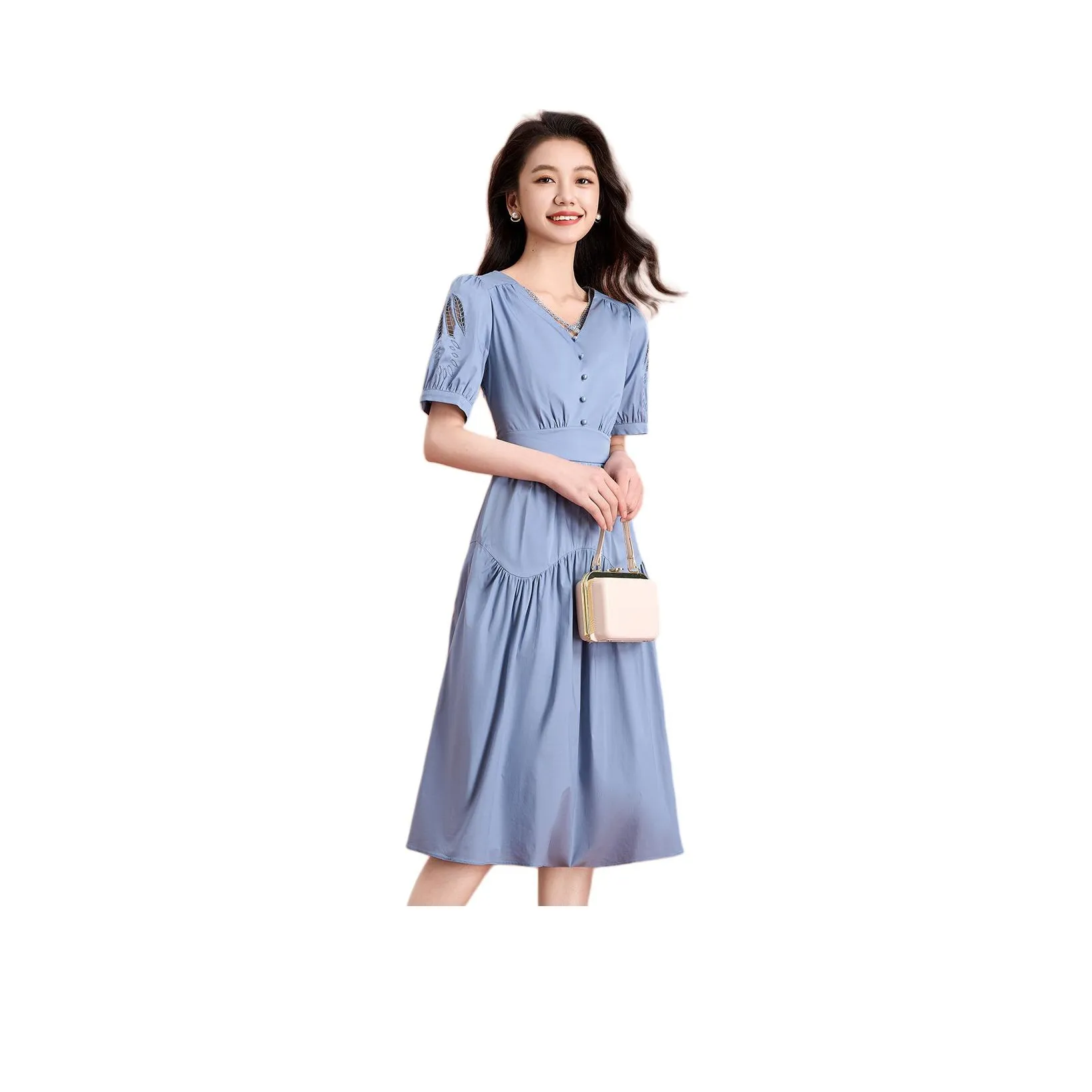 Mylan Short Sleeved Dress Cinched Waist Women's Aqua Blue