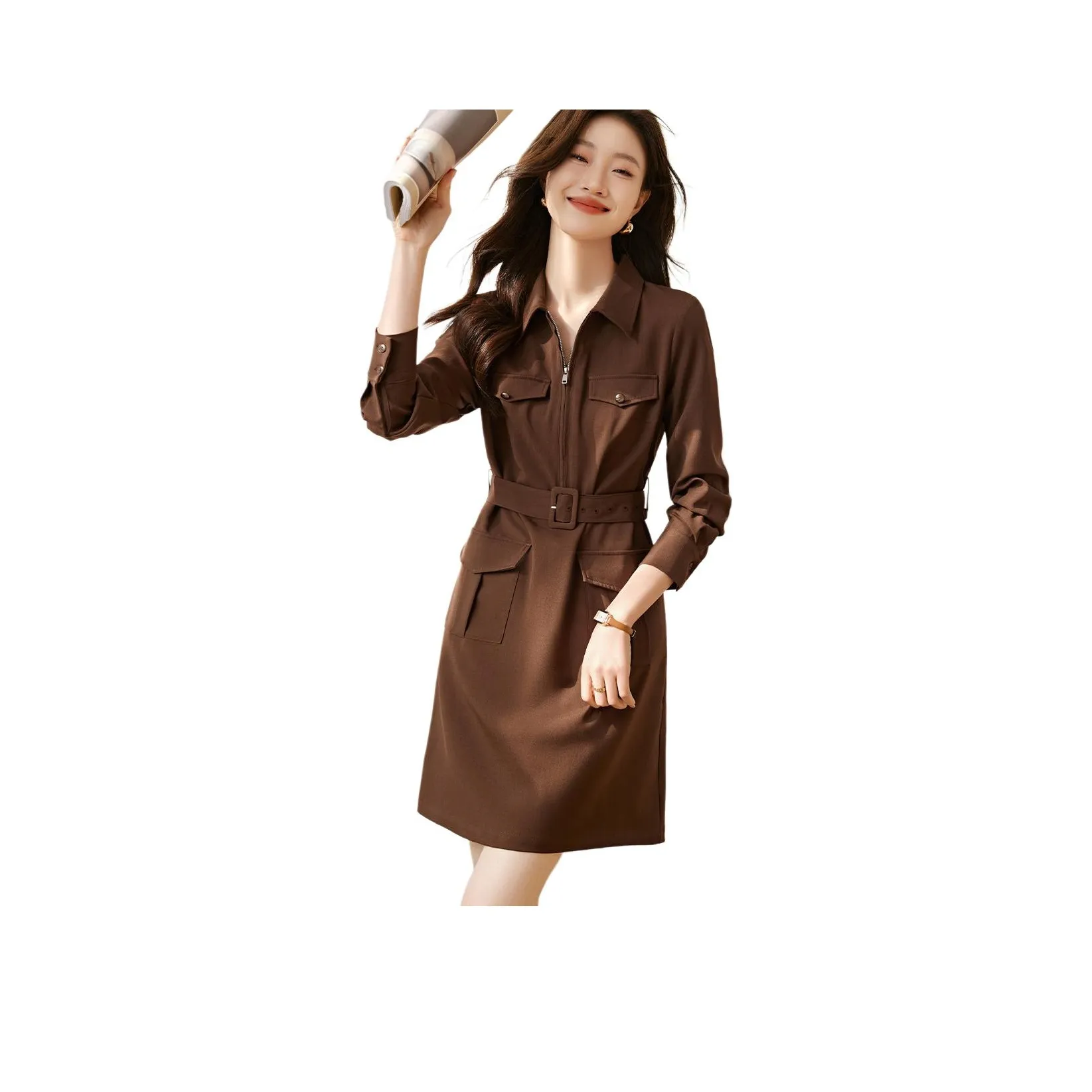 Mo Han Yi Mei Long-Sleeved Dresses Women's Brick Reddish-Brown
