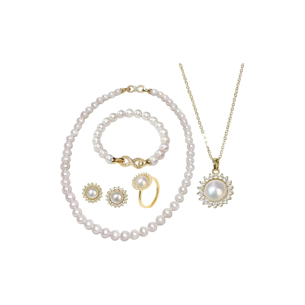 Beth Jewelry Freshwater Pearl Necklace, Stud Earrings, Ring, Bracelet Set Women's