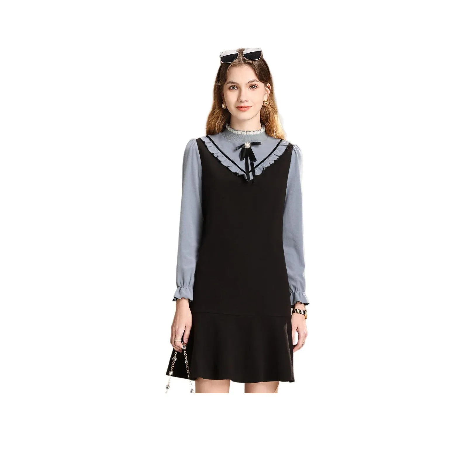 FENHONGMALI Long-Sleeved Dresses Women's Blue