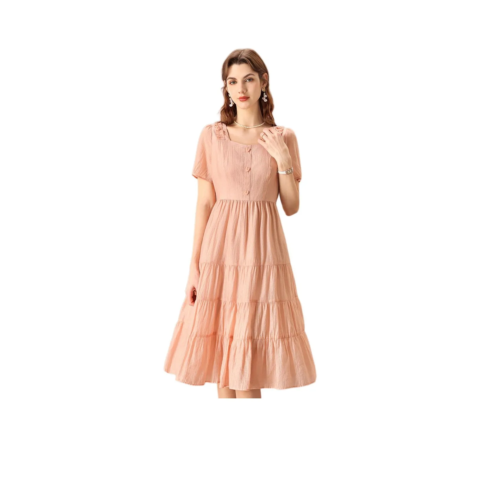 FENHONGMALI Короткий рукав Платье Женское Оранжевое Розовое