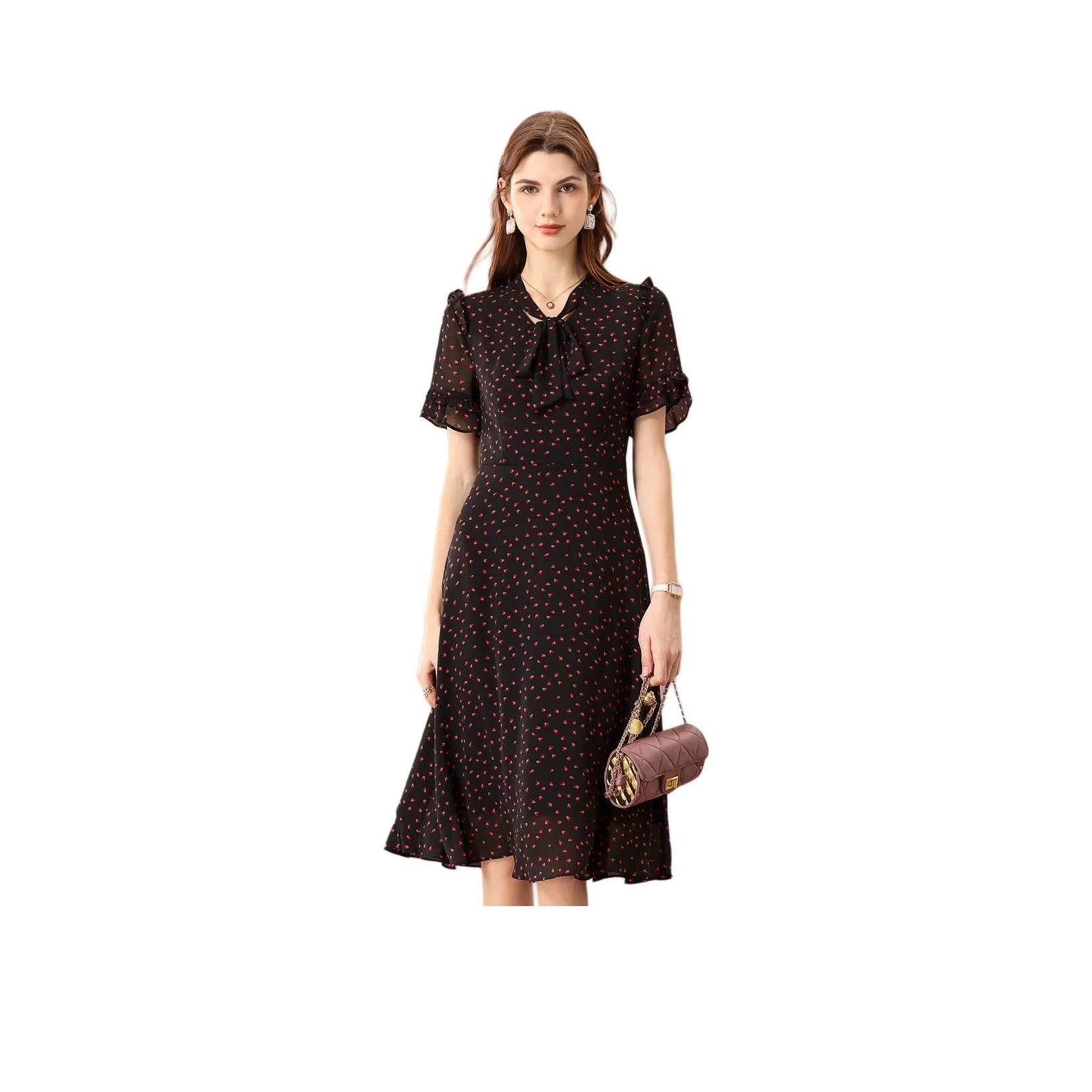 FENHONGMALI Короткий рукав Платье Женское Красные цветы