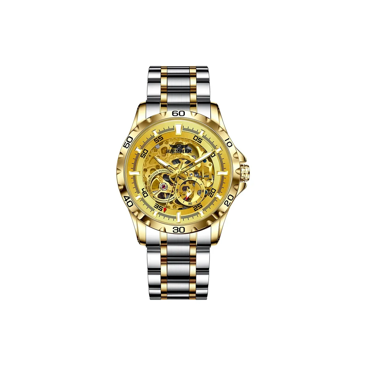 HAEMMER Автоматический Механический Механизм Нержавеющая Сталь Ремешок Часы Мужские Часы Золотистый Циферблат