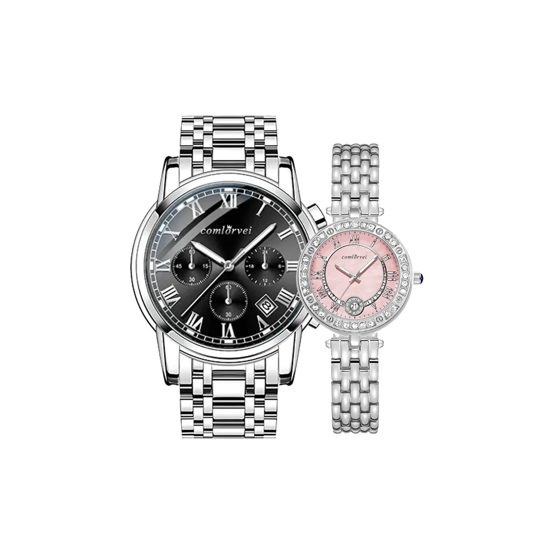 COMLORVEI Романтические часы для пар с кварцевым механизмом стальной ремешок унисекс черный циферблат