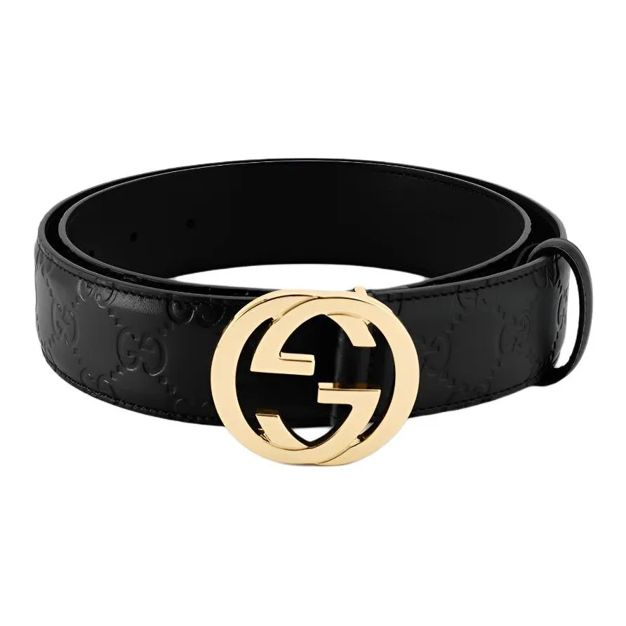 GUCCI Cow Leather Belt Men's Black Width 3.7cm
