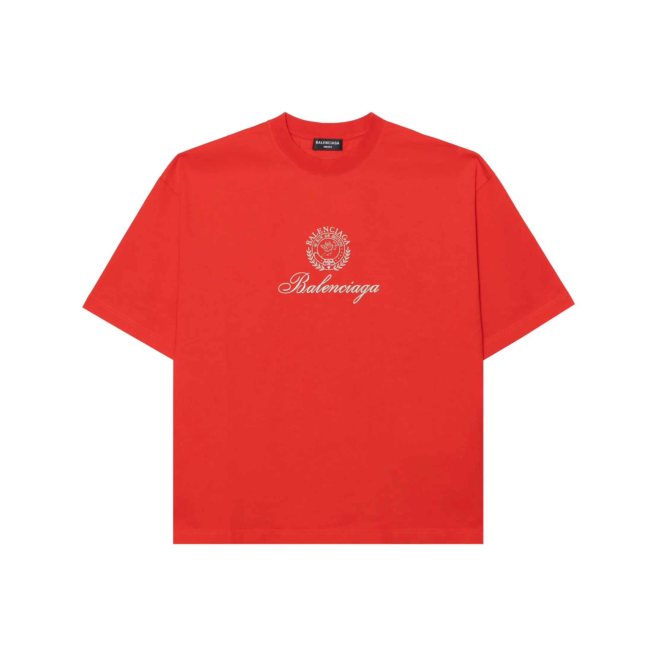 Balenciaga Logo Emblem Round Neck Pullover Short Sleeved T Shirt Loose Fit Style Men's Red