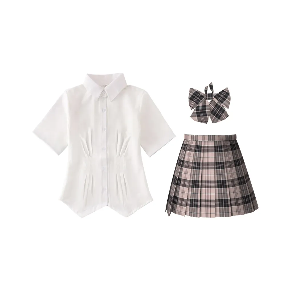 ZHIBANCHENG Белый с утяжкой на талии Рубашка с короткими рукавами + Малиновый 42 см + Галстук-бабочка + Вешалка Женские Комплекты с юбкой