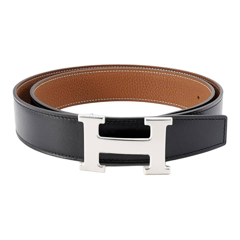 HERMES Cow Leather Belt Men's Black/Gold Width 3.2cm
