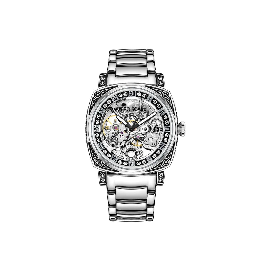 Zero Scale Механический механизм Металлический ремешок Часы Унисекс Циферблат с открытым механизмом