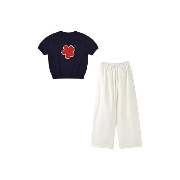 HUINIAN Темно-синяя короткая рубашка с рукавами + белые широкие брюки, женский повседневный костюм