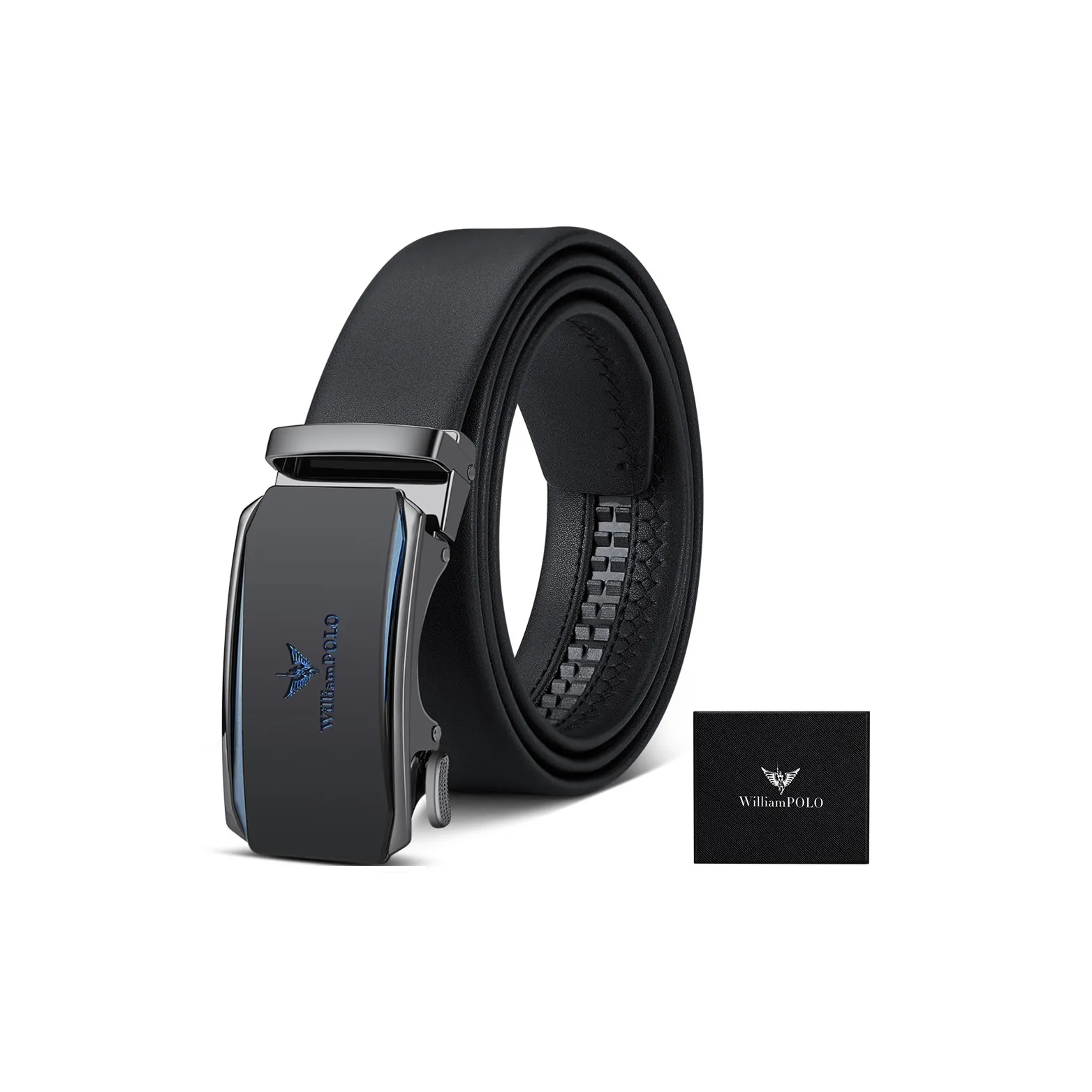 WilliamPOLO Alloy Leather Belts Men's Blue Gray, Gunmetal Buckle With Gold Logo 3.5cm Width