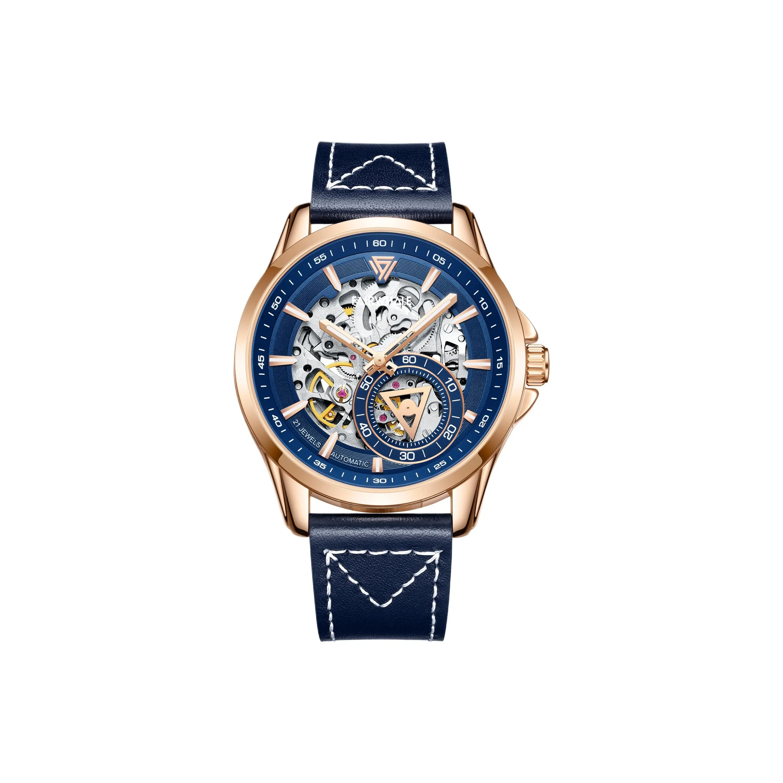 FAIRWHALE Pioneer Collection Men's Watch Mechanical Movement Genuine Leather Strap Watch Men's Watches Blue Dial