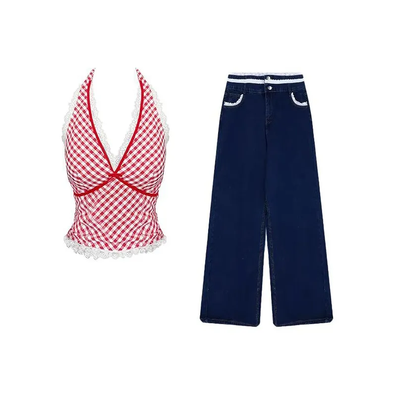 MARIE·COCO Красная клетка Топ на бретелях + Брюки Женские Повседневные костюмы