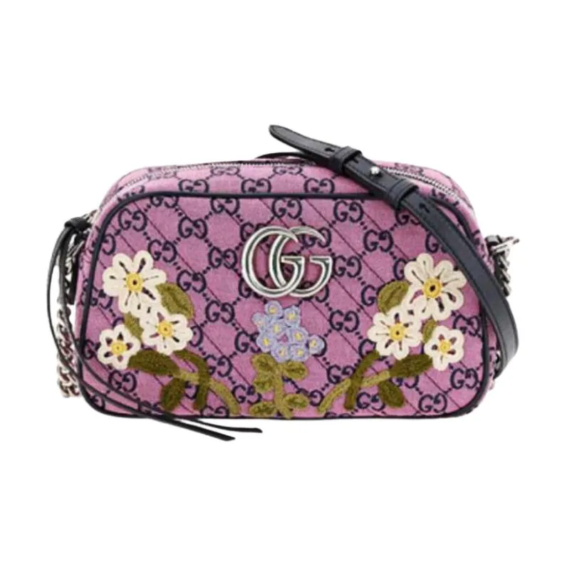 GUCCI GG Marmont Embroidery Camera Bag, Shoulder Bag, Crossbody Bag Trumpets Women's Purple