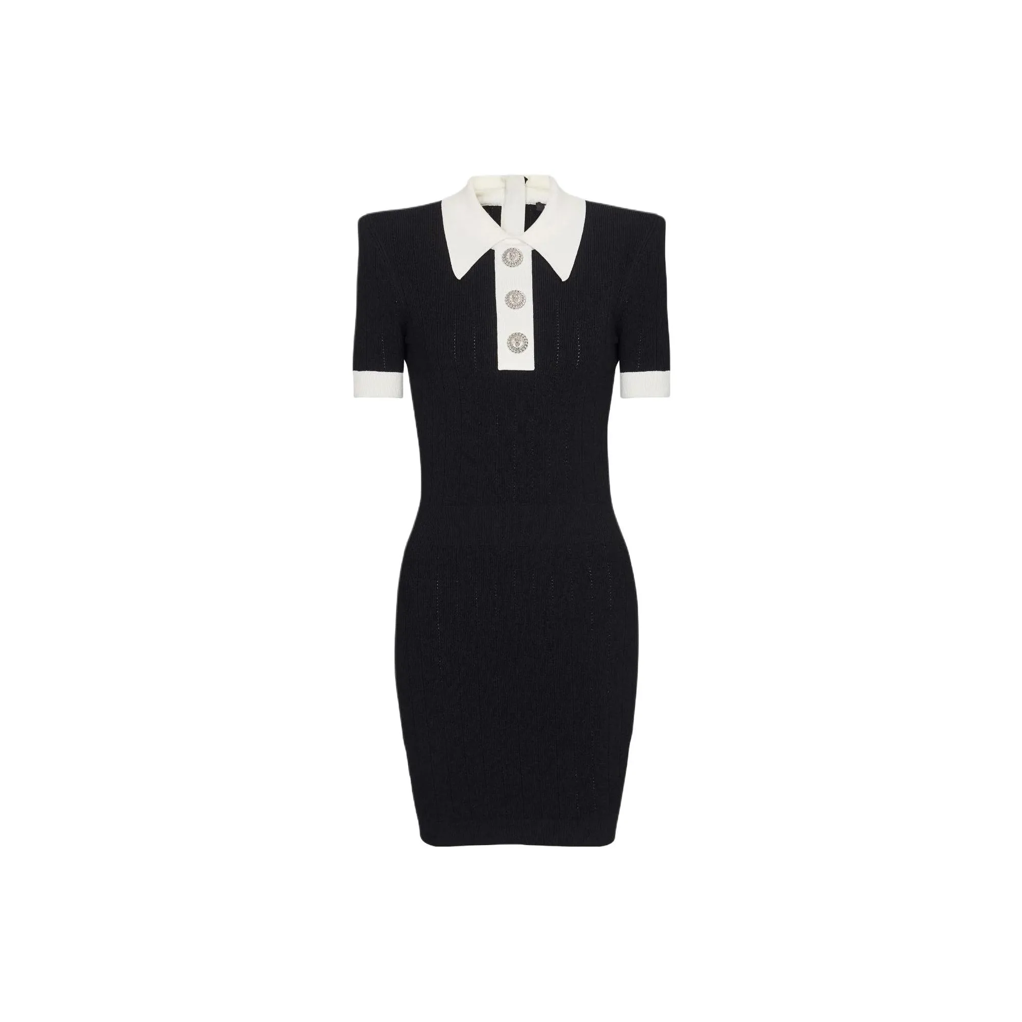 BALMAIN Short Sleeved Ribbed Knit Polo Mini Dress