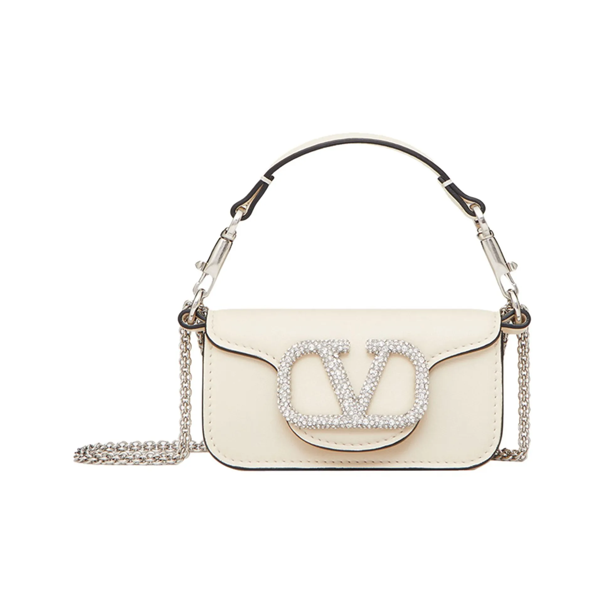 Valentino Locò Cow Leather Faux Crystal Shoulder Bag, Crossbody Bag, Handbag Extra Mini Women's White