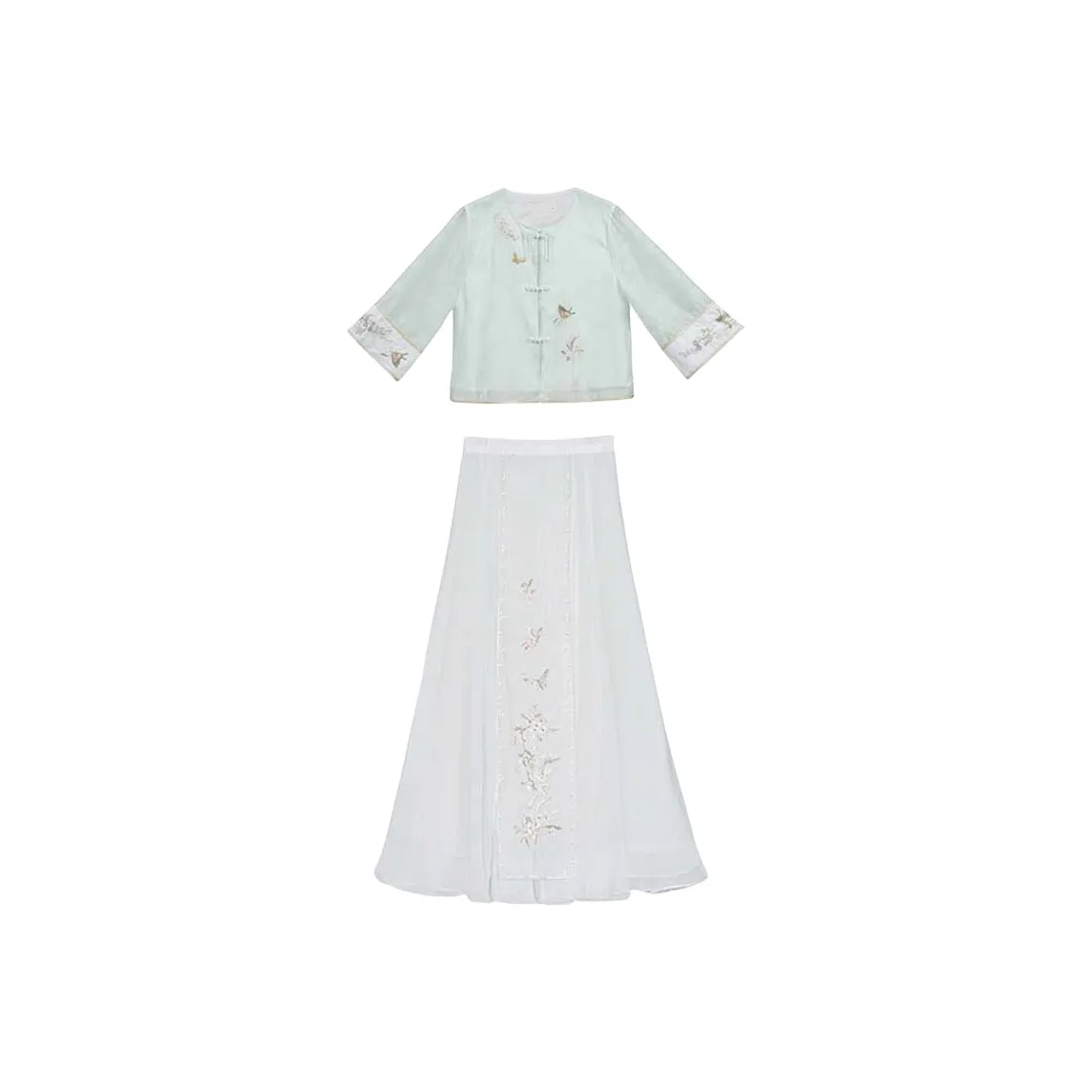 Huan Feather Светло-зеленый топ + белая юбка унисекс Ханьфу