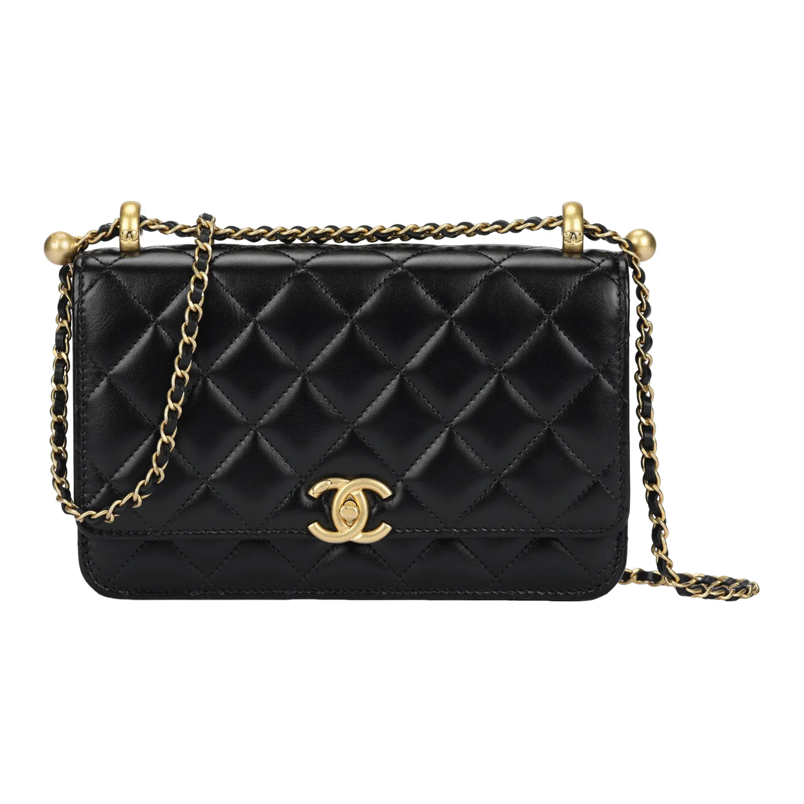 CHANEL WOC Metal Chain Calfskin Knob Closure Wallet On Chain Coin Purse, Crossbody Bag, Shoulder Bag Mini Women's Black