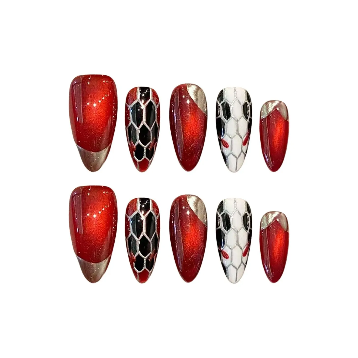 YIYIHE Красный Знак Змеи Элегантность Nail Art MID Длина Заостренный Миндаль Красный Jump Цвет Клетчатый