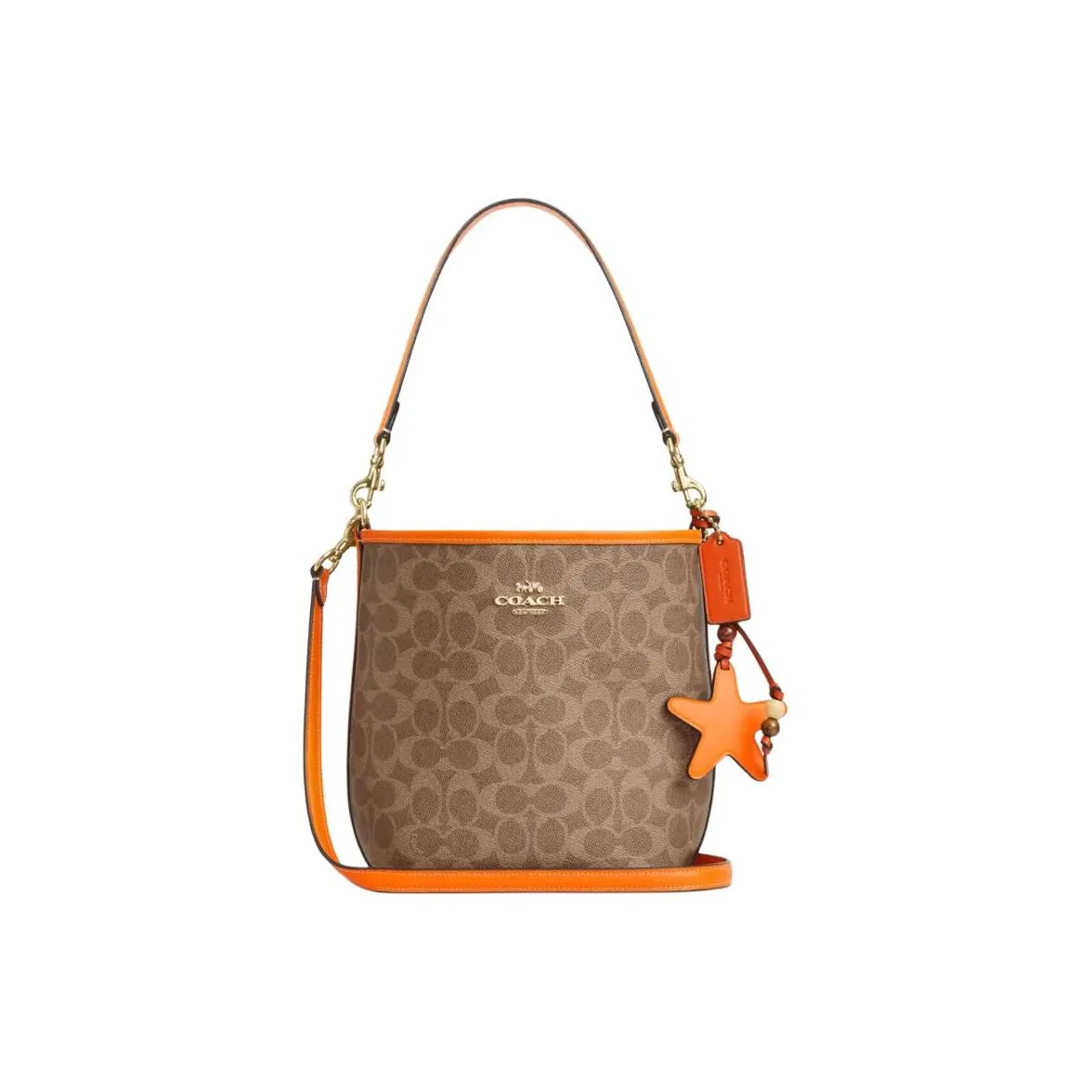 COACH Городская Сумка с Покрытым Холстом и Кожей Сумка-ведро Сумка через плечо Сумка маленькая Женская Оранжевая Желтая