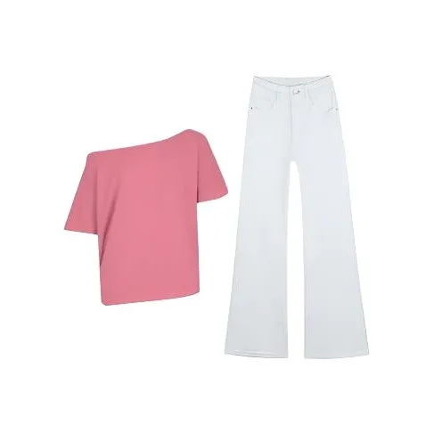 HUINIAN Розовый топ + Белые брюки Женские Повседневные костюмы