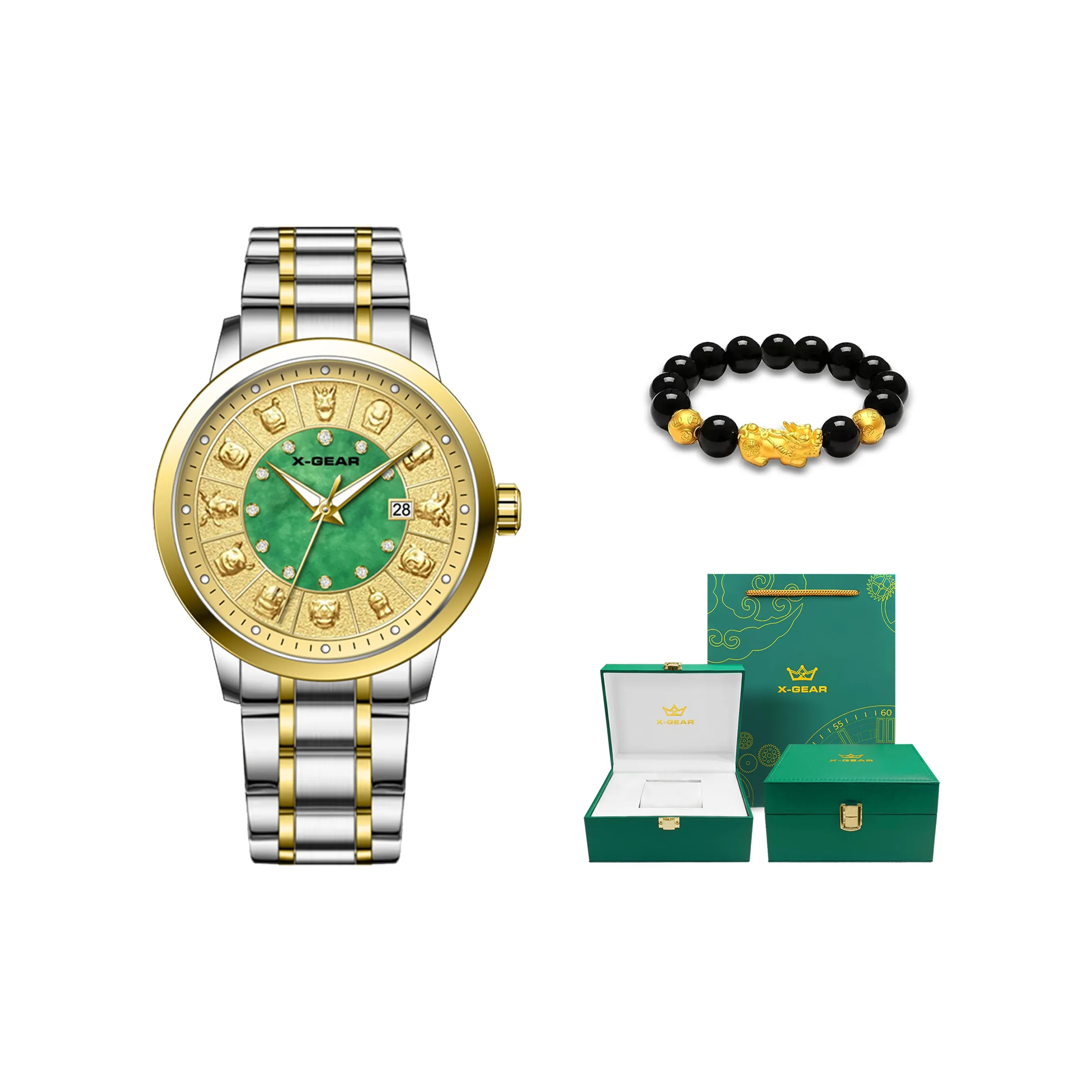 X Шестерня Zodiac Series Кварцевый механизм Нержавеющая сталь Ремешок Часы Мужские Часы Золотистый циферблат