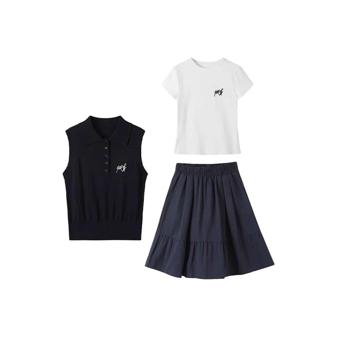 MISSHONEY MH Темно-синий топ без рукавов + Белая укороченная рубашка с рукавами + Темно-синяя юбка Женские комплекты с юбкой