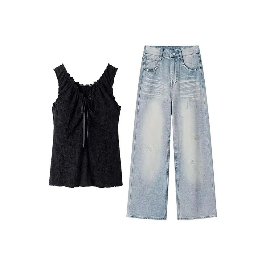 MARIE·COCO Черный топ на бретелях + джинсы, женские повседневные костюмы