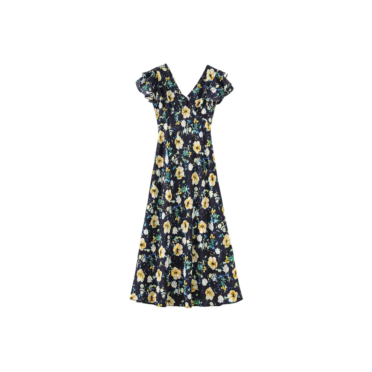 MH Черный с Желтым цветочным Женские Короткие Платья с Рукавами