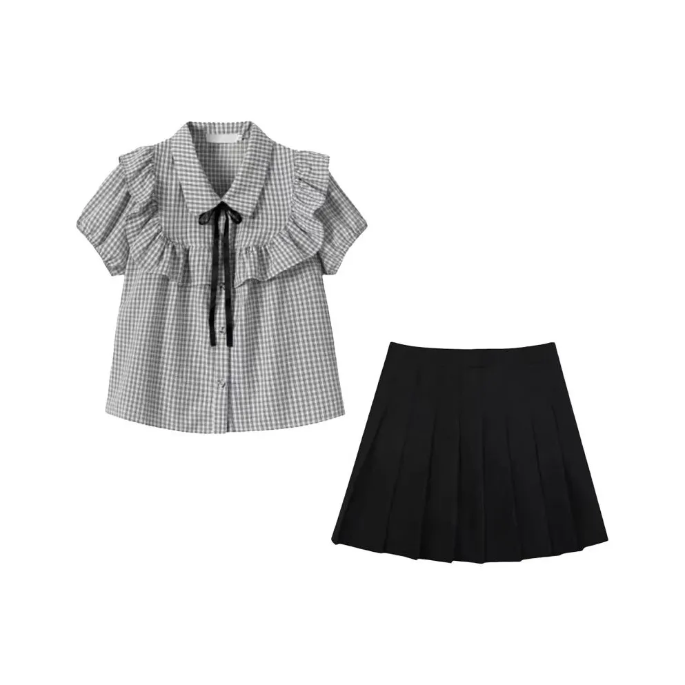 Meanalot Полосы Рубашка, Черный Плиссированная юбка Женские Комплекты с юбкой
