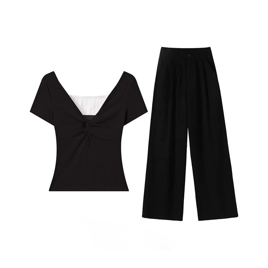 MARIE·COCO Черный топ + Брюки Женские Повседневные костюмы