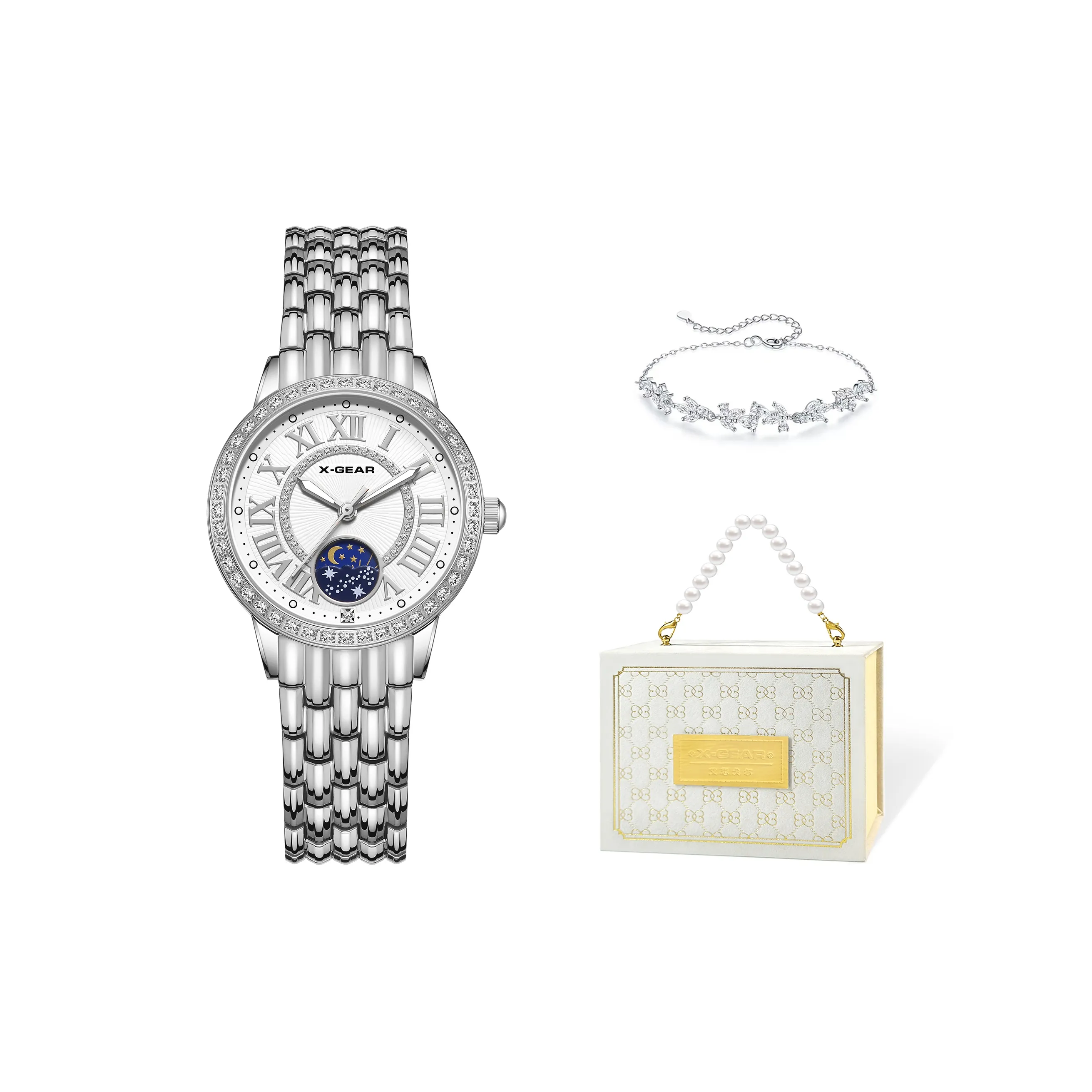 X Шестерня Автоматический Механический Механизм Нержавеющая Сталь Ремешок Часы Женские Белый Циферблат