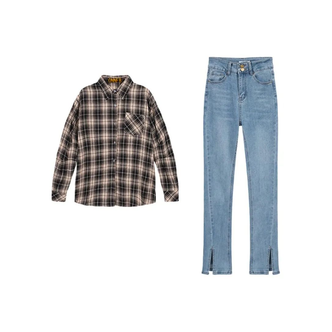 ONNFB Клетчатый топ + синие брюки, женские повседневные костюмы