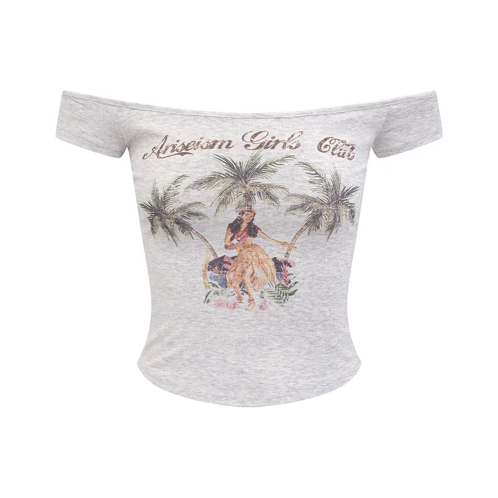 Ariseism Стандартный HULA Girl Off The Shoulder Короткий рукав T-рубашка Женская Летний Slim Fit Топ Женский