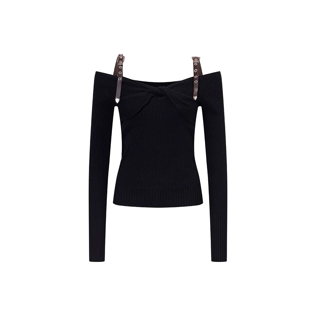 Ariseism Дизайн Кожаная пряжка Off Плечо Длинный рукав Трикотаж Женские Осенний Облегающий крой Топ Женские
