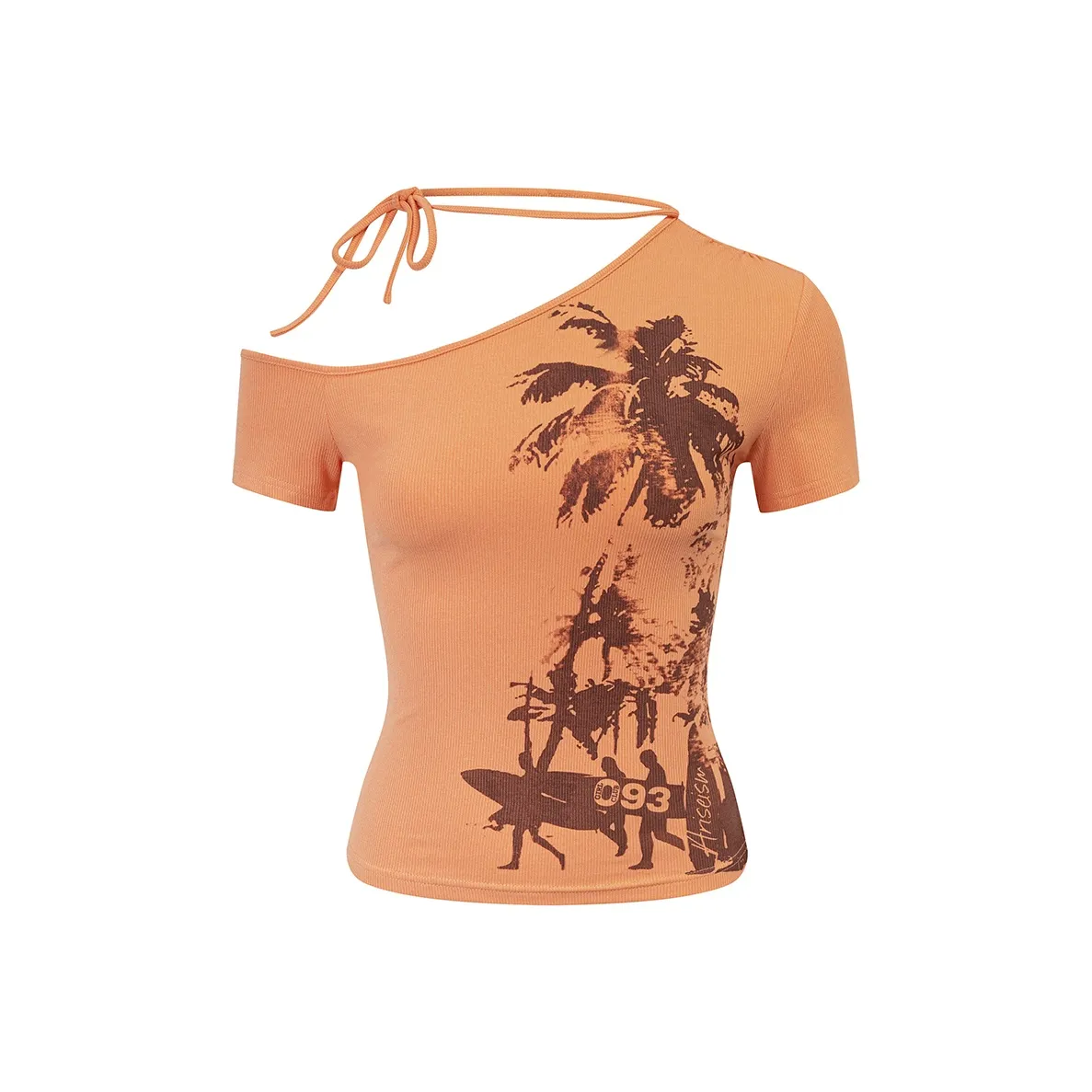 Ariseism Standard Orange One Shoulder Lace Up Hawaii Short Sleeved Shirt For Women Summer Slim Fit Top Women's