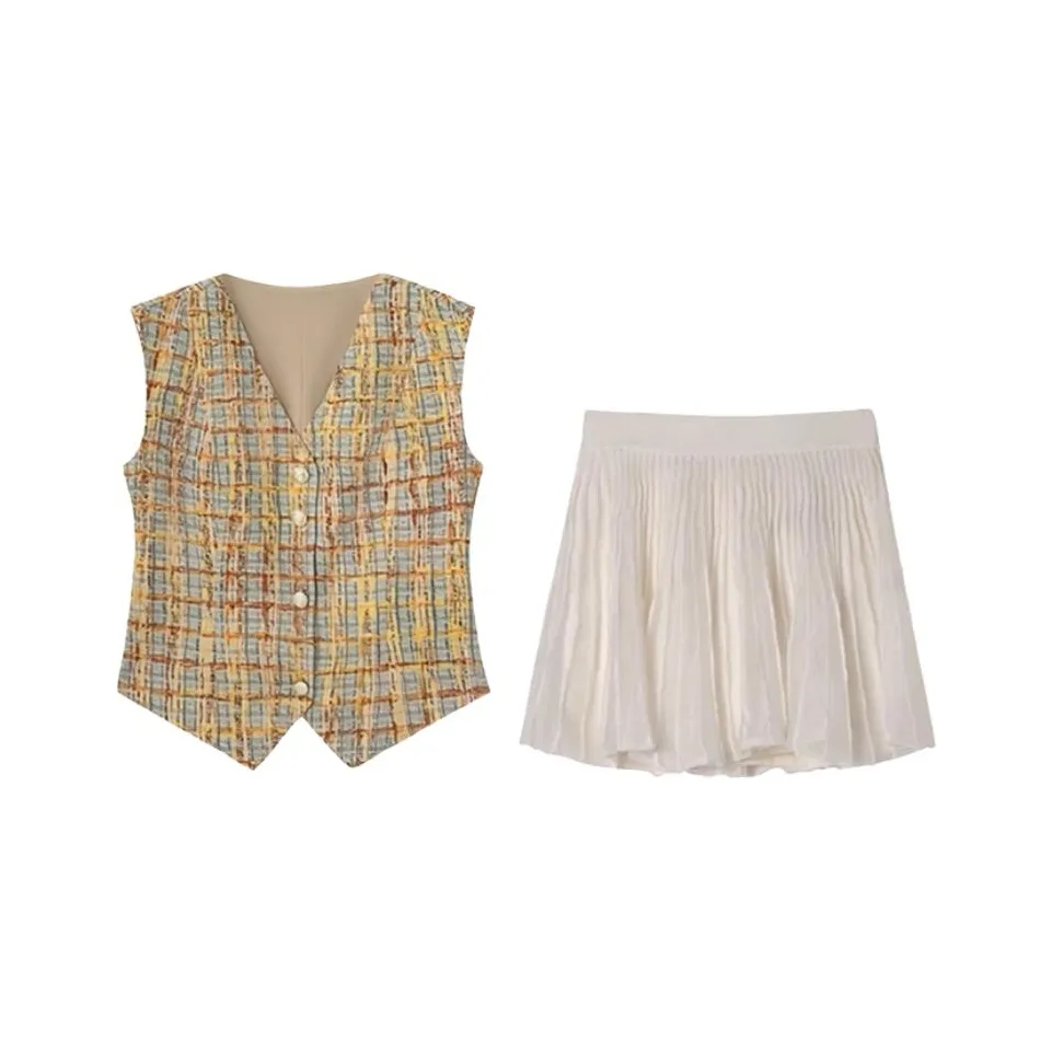Meanalot Желтый Жилет Белый Плиссированная Юбка Одежда Комплекты Женские Юбочные Комплекты